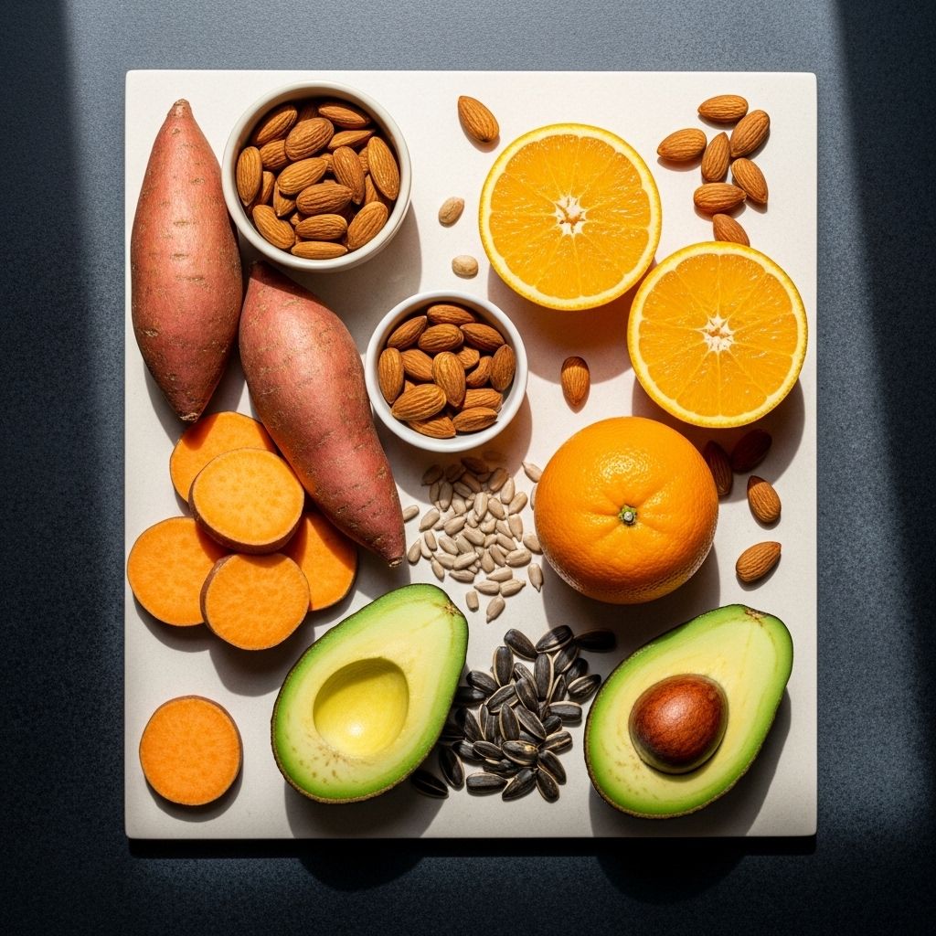 Artistic flat lay of vitamin-rich foods including sweet potatoes, almonds, fresh oranges, sunflower seeds, and avocado halves arranged on a cream-colored background with soft natural light