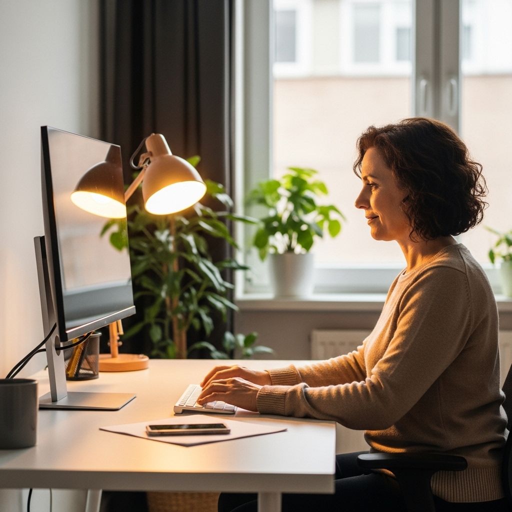 Adult professional working at a clean modern desk with a wide monitor, correct upright posture, warm ambient room lighting, plants in the background suggesting a healthy workspace environment