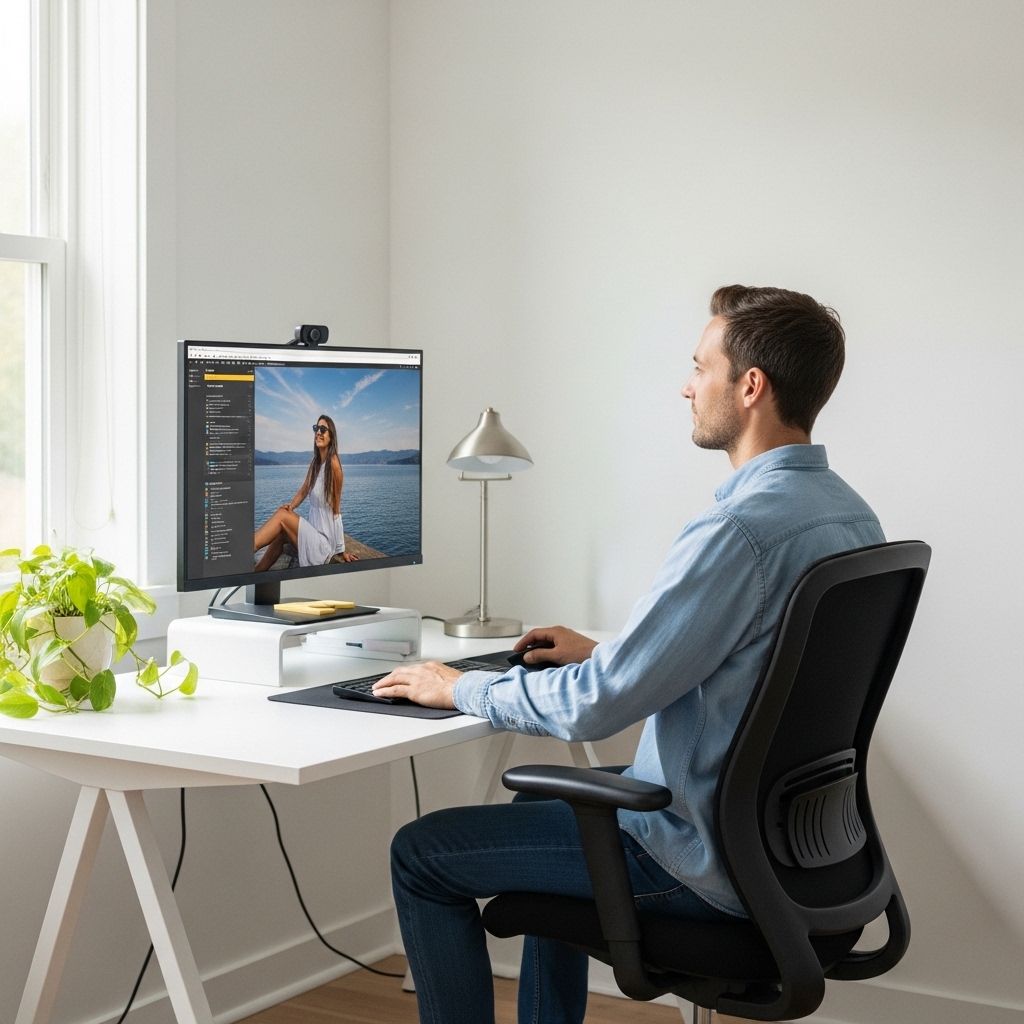Well-organized ergonomic home office with a monitor positioned at eye level, a person seated at a proper distance from the screen, natural light from a side window, a small plant on the desk